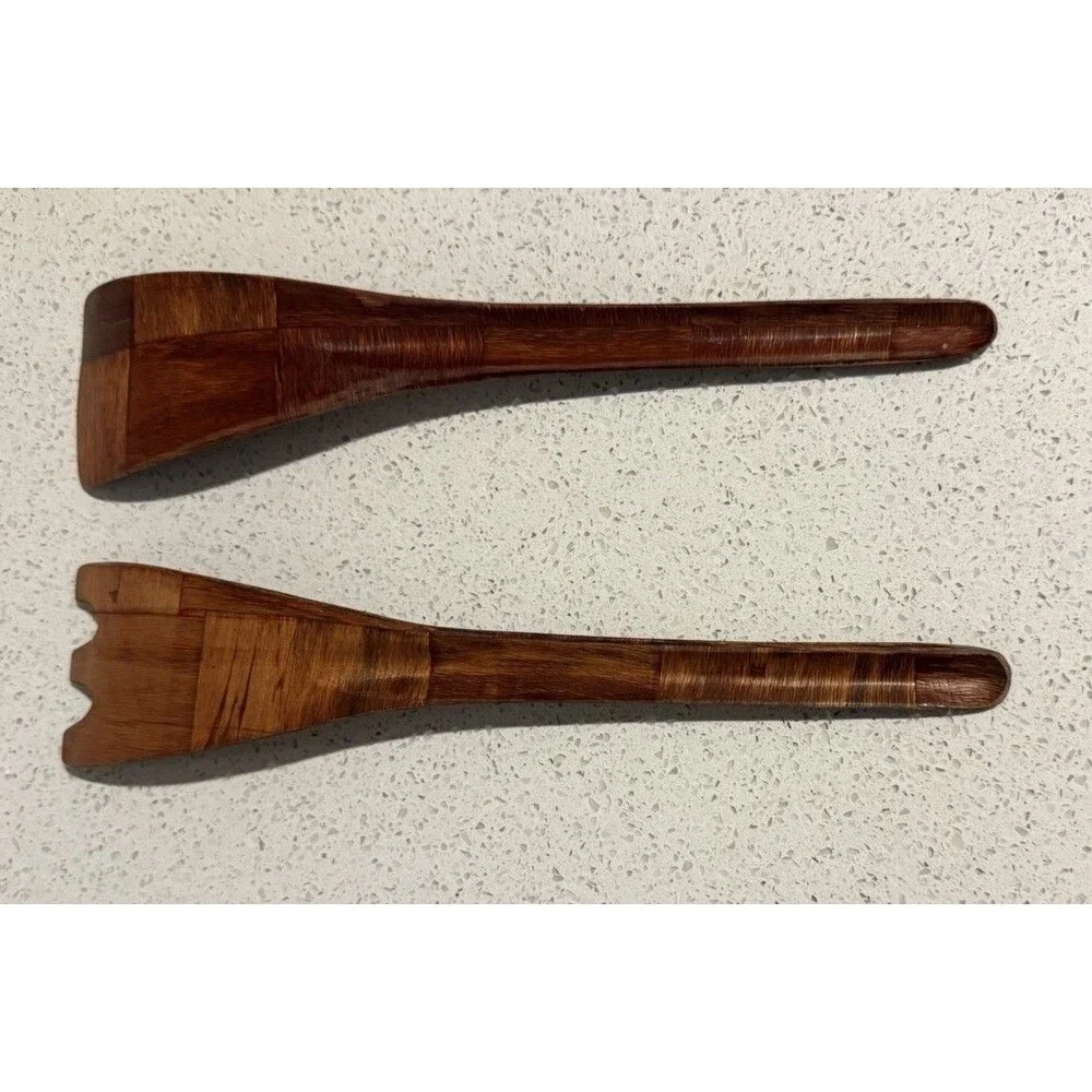 Vintage SALAD SERVER SET Spoon Spork Solid Teak Wood Patch Pattern 10” MCM